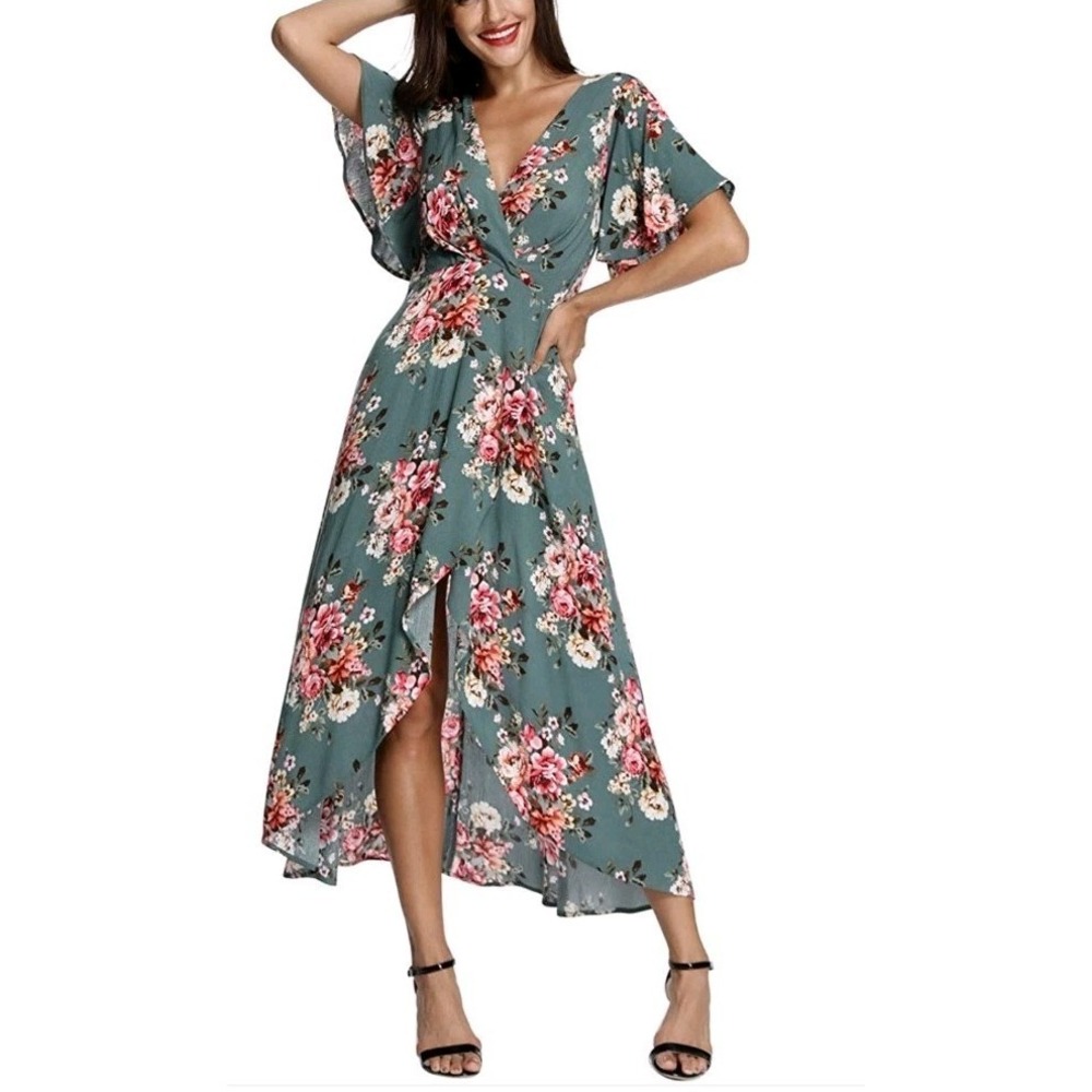 Azalosie Maxi Dress Teal Floral Coquette Romantic Hi Lo Sz L Faux‎ Wrap Wedding